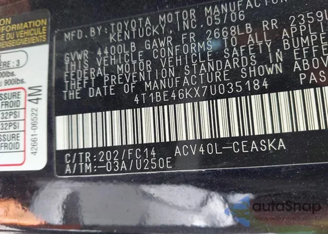 2007 Toyota Camry Se from USA, damaged, VIN 4T1BE46KX7U035184